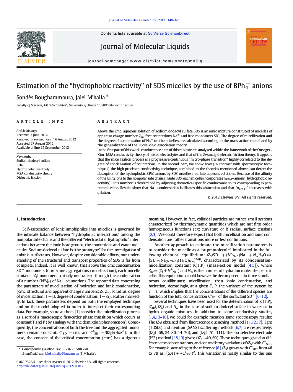 Estimation of the “hydrophobic reactivity” of SDS micelles by the use of BPh4â anions