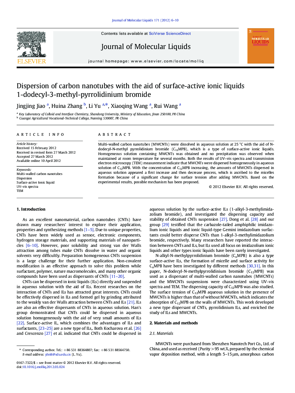 Dispersion of carbon nanotubes with the aid of surface-active ionic liquids 1-dodecyl-3-methyl-pyrrolidinium bromide