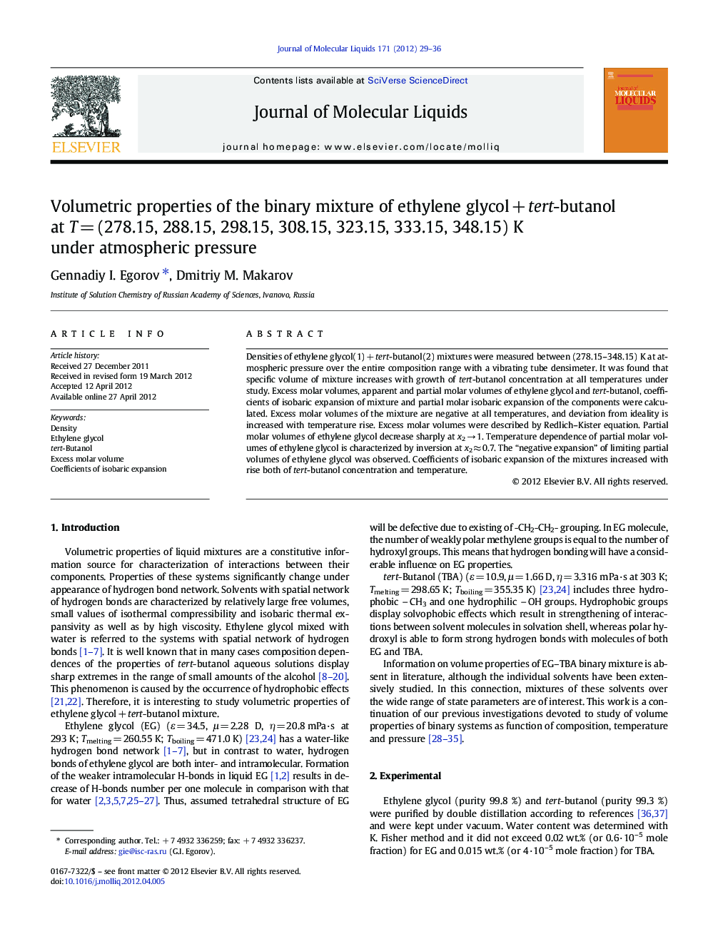 Volumetric properties of the binary mixture of ethylene glycolÂ +Â tert-butanol at TÂ =Â (278.15, 288.15, 298.15, 308.15, 323.15, 333.15, 348.15) K under atmospheric pressure