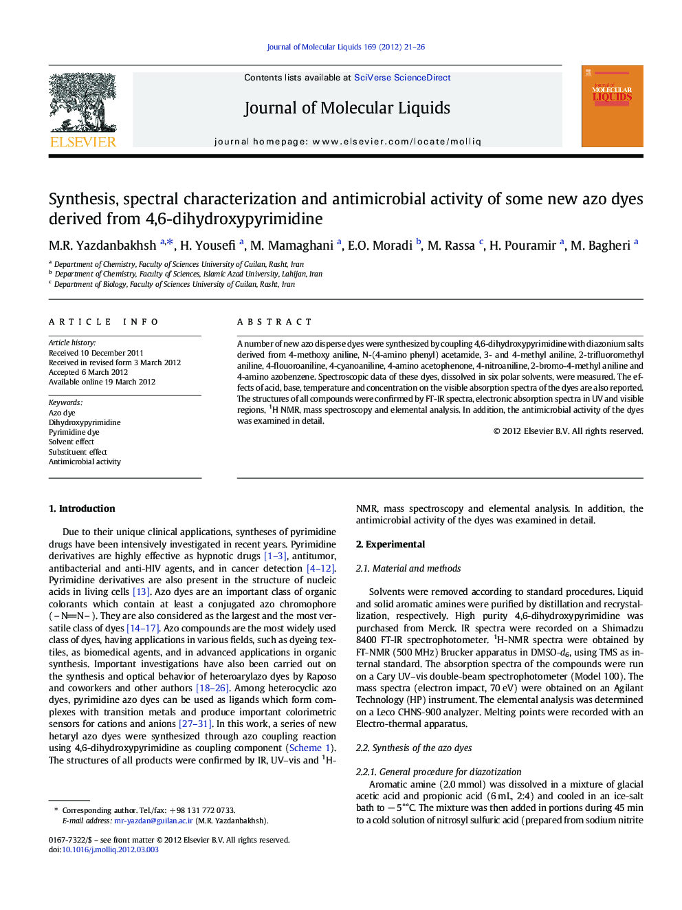 Synthesis, spectral characterization and antimicrobial activity of some new azo dyes derived from 4,6-dihydroxypyrimidine