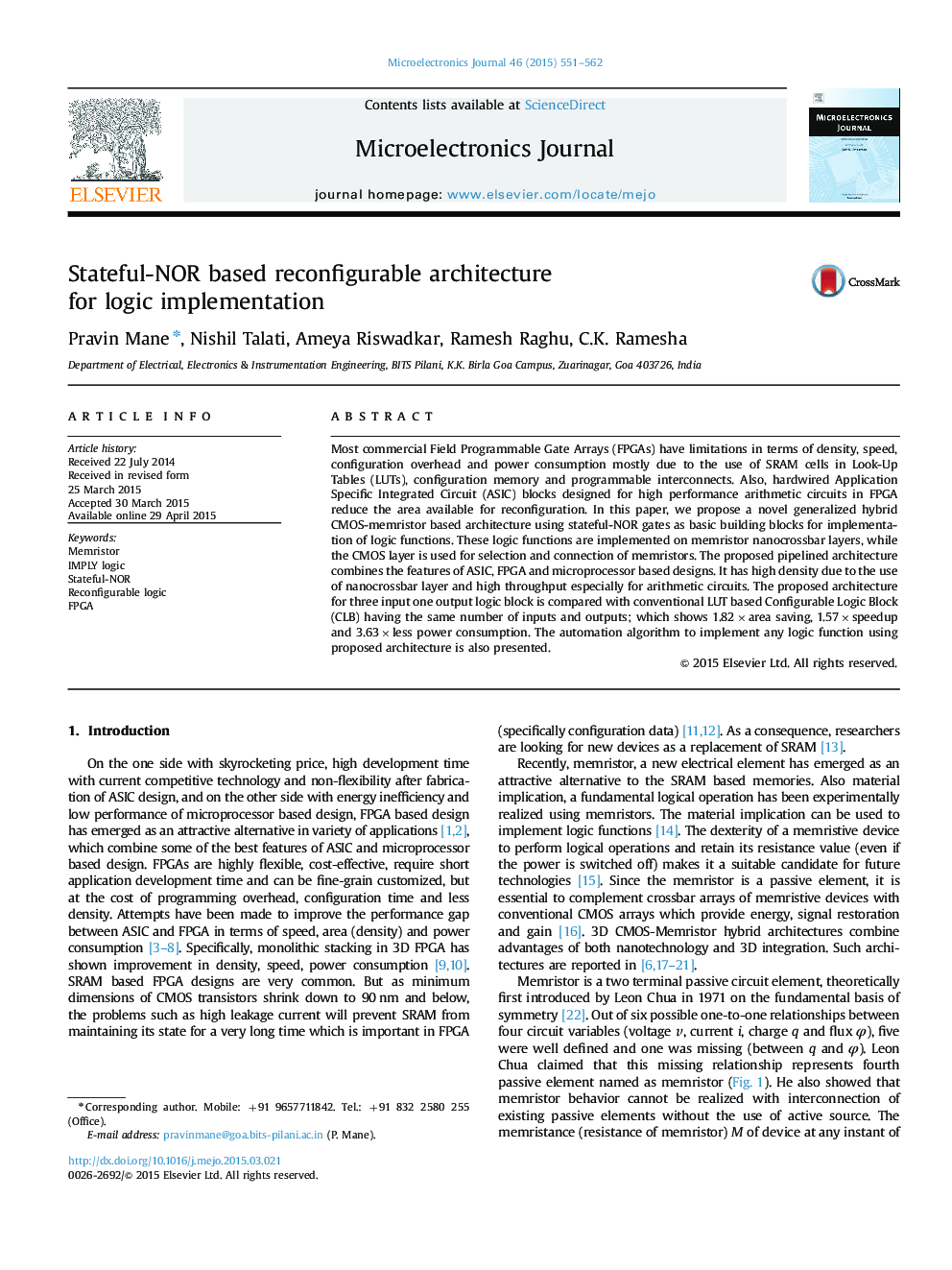 Stateful-NOR based reconfigurable architecture for logic implementation