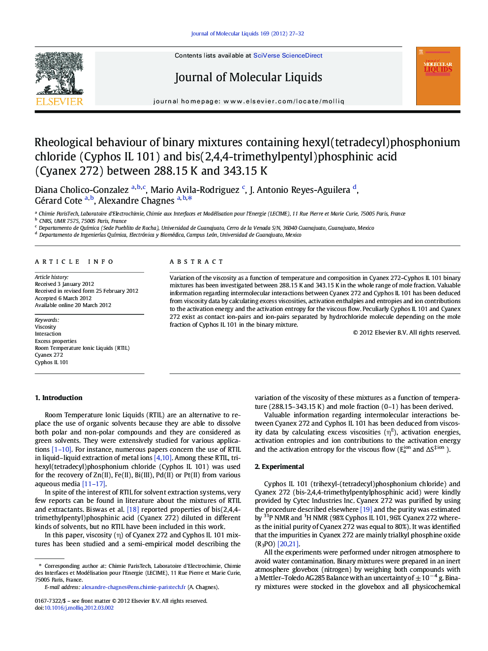 Rheological behaviour of binary mixtures containing hexyl(tetradecyl)phosphonium chloride (Cyphos IL 101) and bis(2,4,4-trimethylpentyl)phosphinic acid (Cyanex 272) between 288.15Â K and 343.15Â K