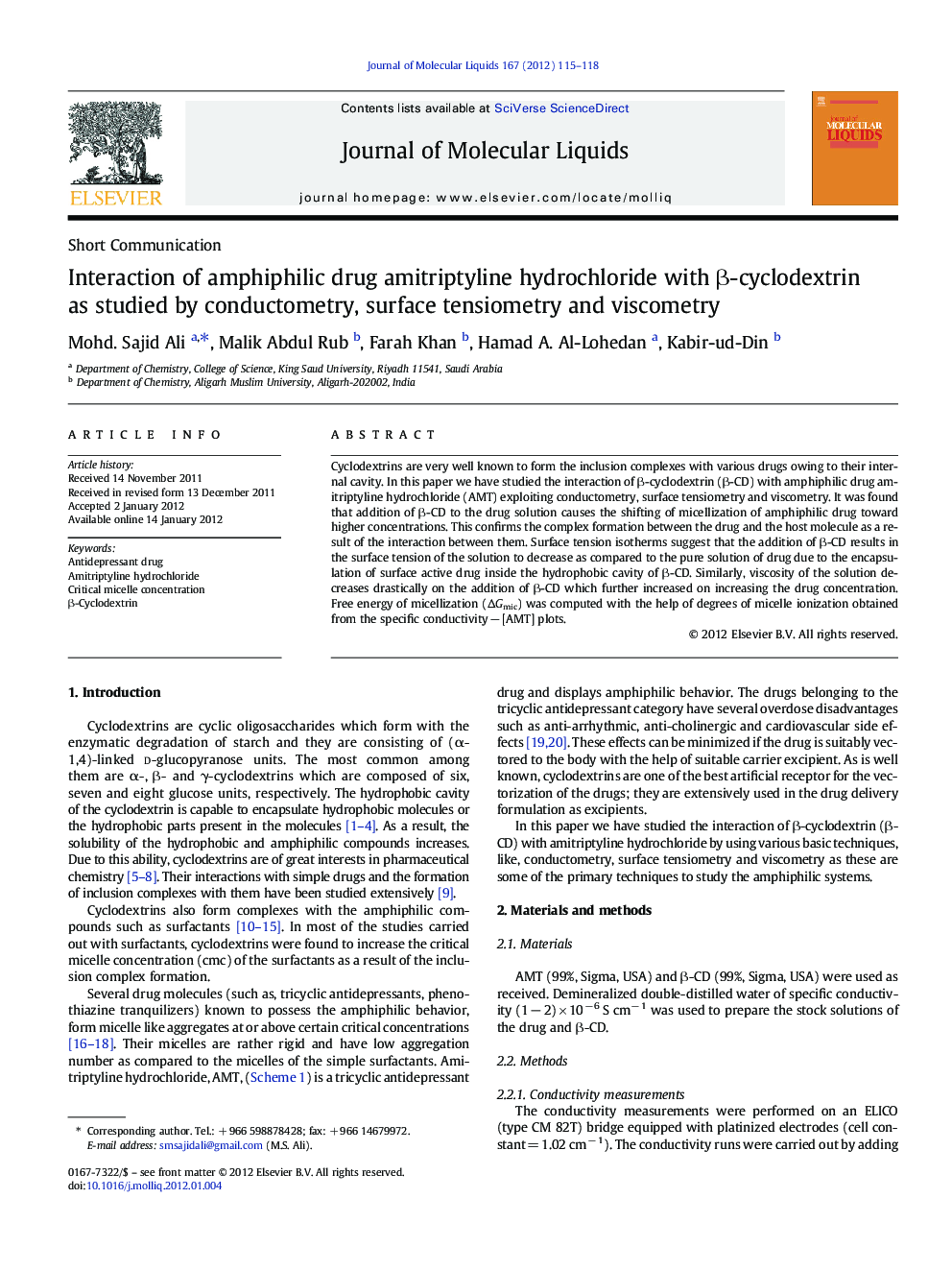 Interaction of amphiphilic drug amitriptyline hydrochloride with Î²-cyclodextrin as studied by conductometry, surface tensiometry and viscometry
