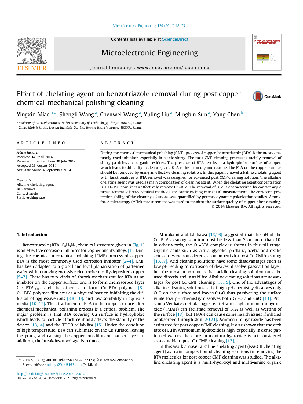 Effect of chelating agent on benzotriazole removal during post copper chemical mechanical polishing cleaning