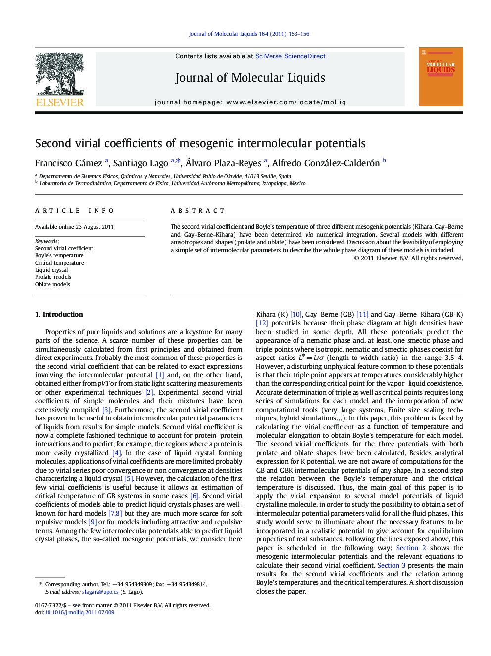 عکس صفحه اول مقاله: Second virial coefficients of mesogenic intermolecular potentials Second virial coefficients of mesogenic intermolecular potentials