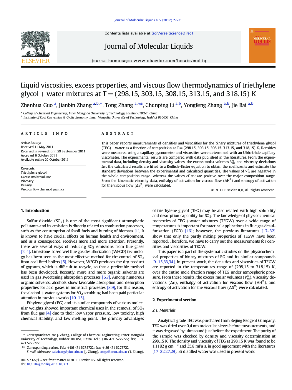 Liquid viscosities, excess properties, and viscous flow thermodynamics of triethylene glycolÂ +Â water mixtures at TÂ =Â (298.15, 303.15, 308.15, 313.15, and 318.15) K