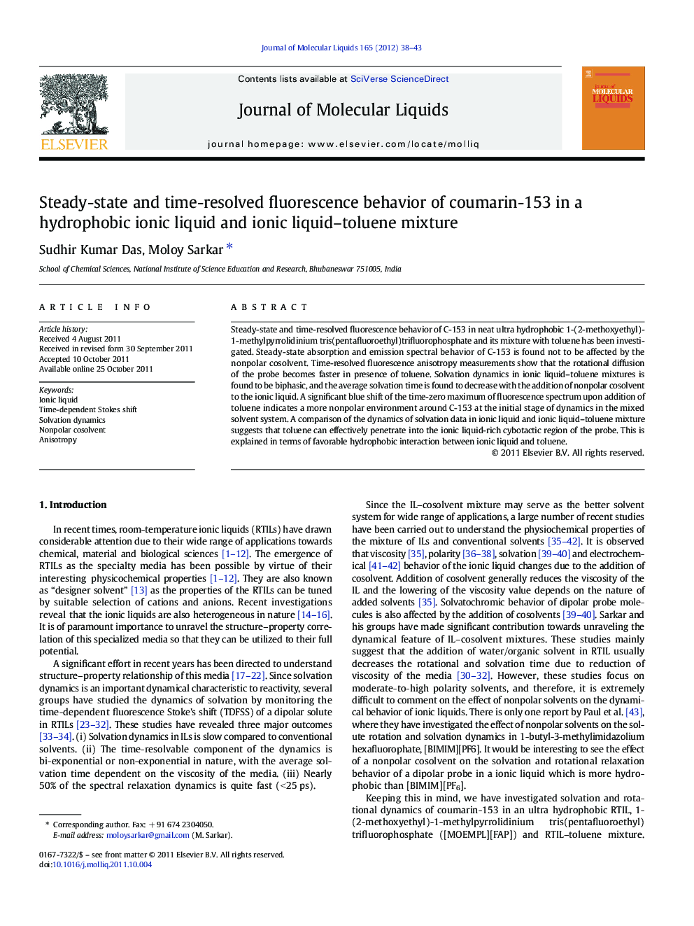 Steady-state and time-resolved fluorescence behavior of coumarin-153 in a hydrophobic ionic liquid and ionic liquid-toluene mixture