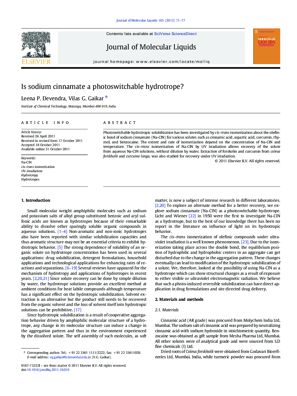 Is sodium cinnamate a photoswitchable hydrotrope?