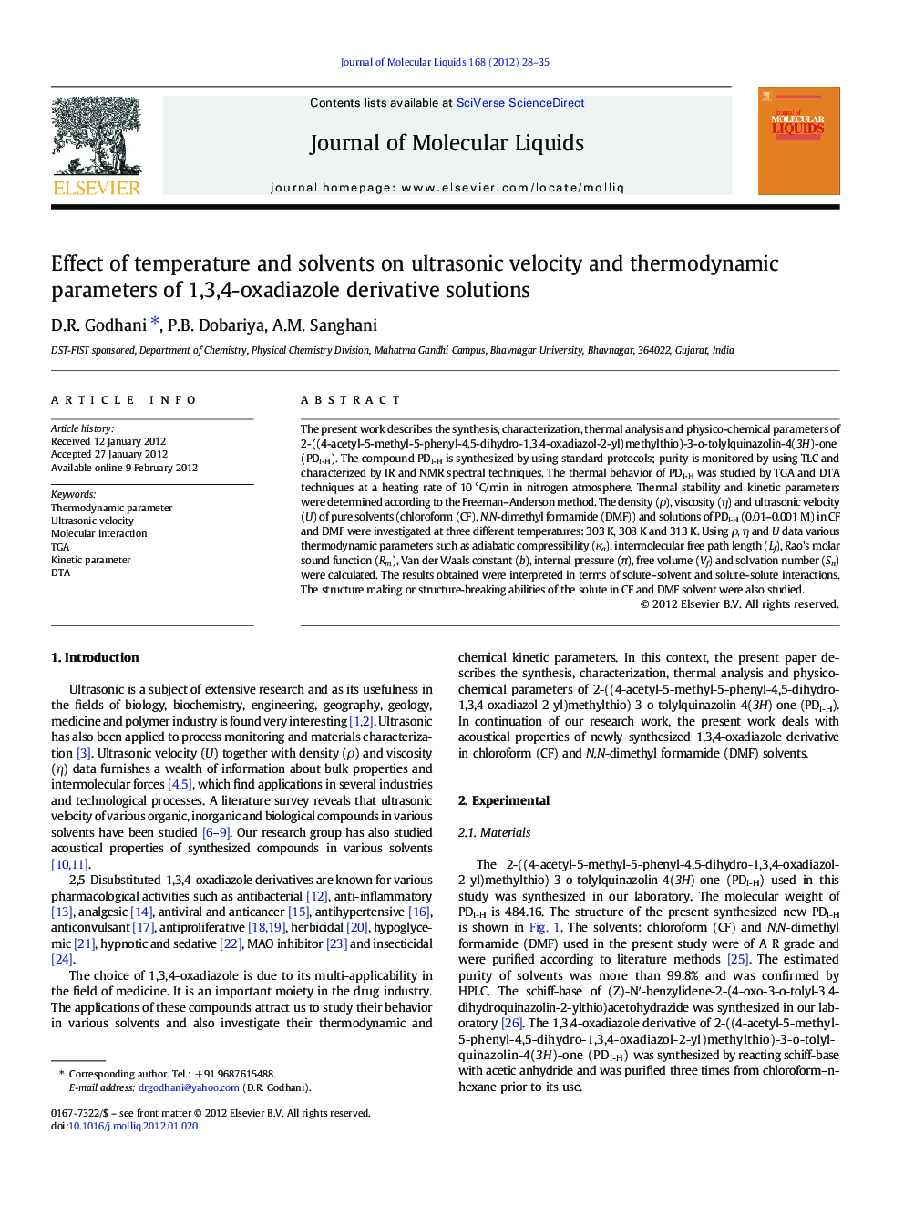 Effect of temperature and solvents on ultrasonic velocity and thermodynamic parameters of 1,3,4-oxadiazole derivative solutions