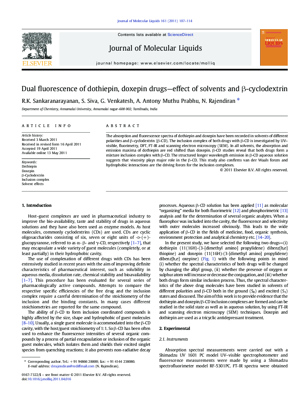 Dual fluorescence of dothiepin, doxepin drugs-effect of solvents and Î²-cyclodextrin