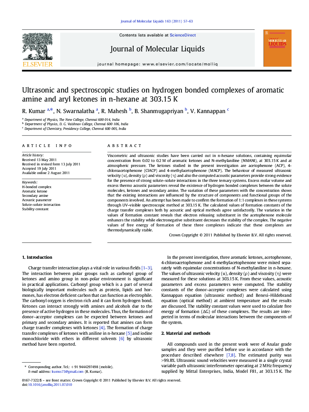 Ultrasonic and spectroscopic studies on hydrogen bonded complexes of aromatic amine and aryl ketones in n-hexane at 303.15Â K