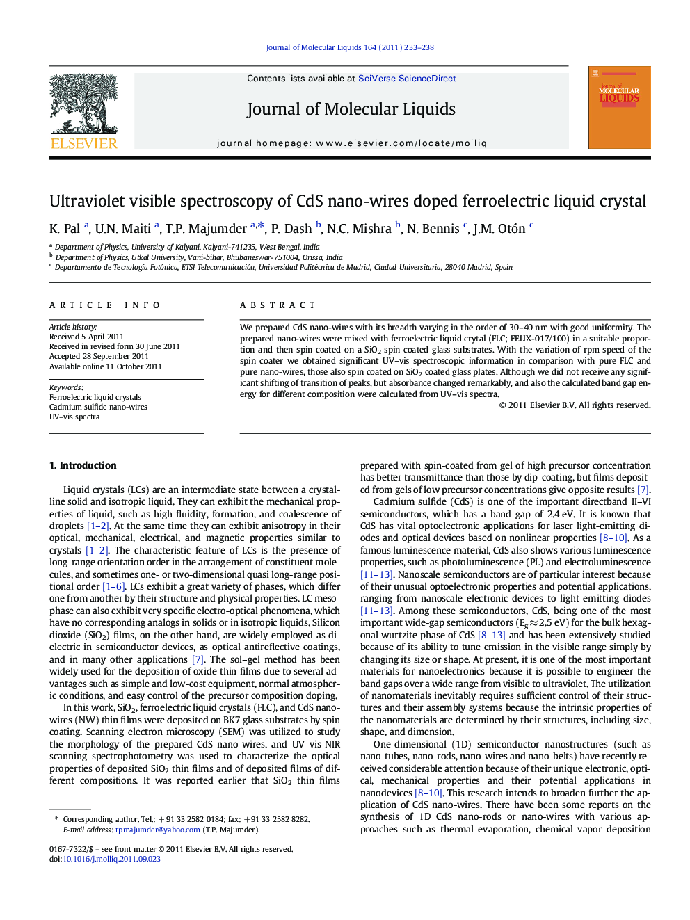 Ultraviolet visible spectroscopy of CdS nano-wires doped ferroelectric liquid crystal