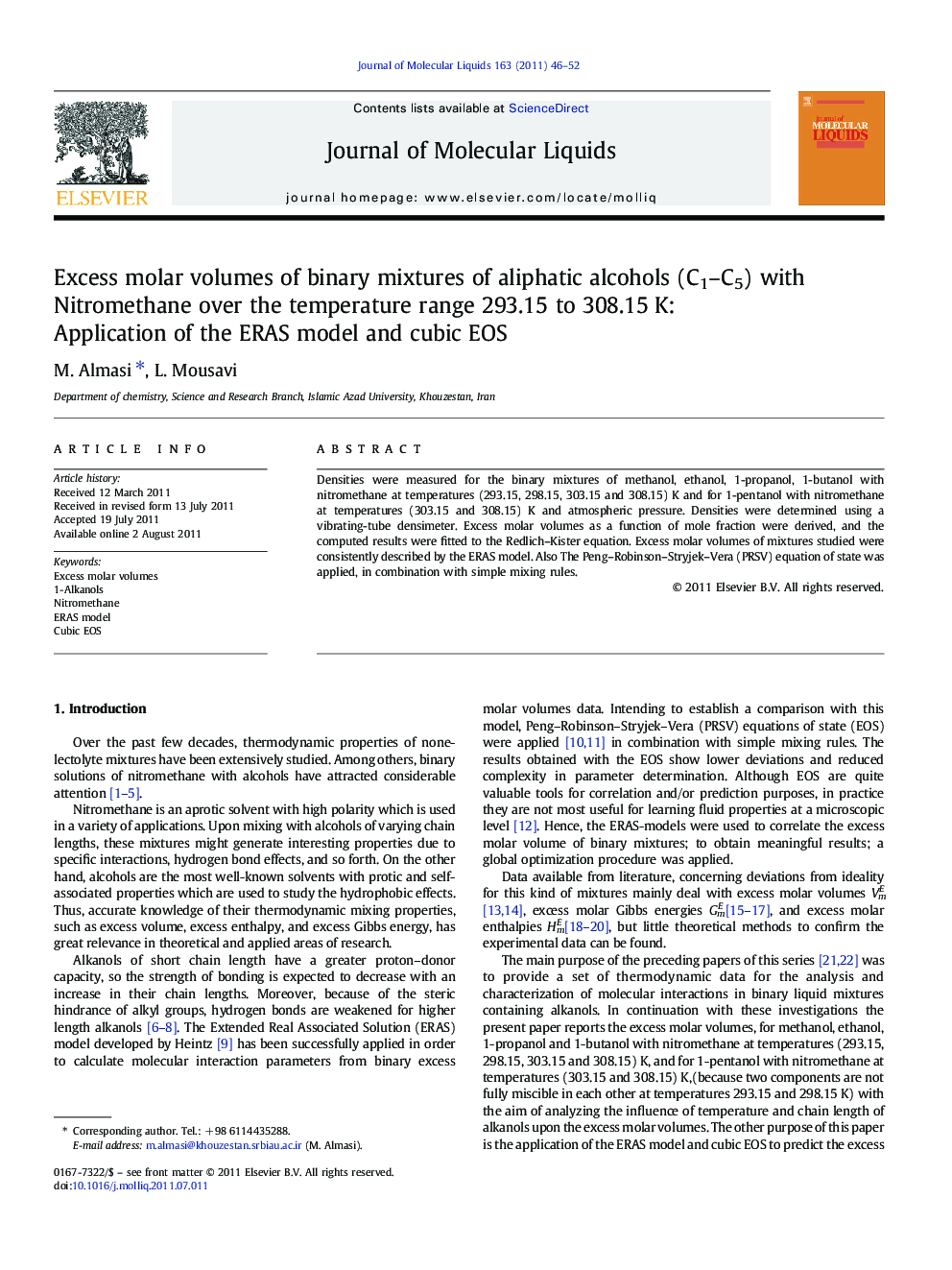 Excess molar volumes of binary mixtures of aliphatic alcohols (C1-C5) with Nitromethane over the temperature range 293.15 to 308.15Â K: Application of the ERAS model and cubic EOS