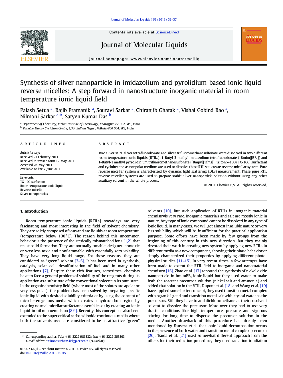 Synthesis of silver nanoparticle in imidazolium and pyrolidium based ionic liquid reverse micelles: A step forward in nanostructure inorganic material in room temperature ionic liquid field