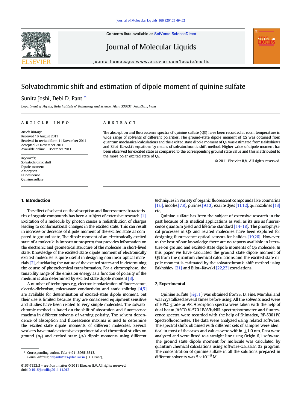 Solvatochromic shift and estimation of dipole moment of quinine sulfate