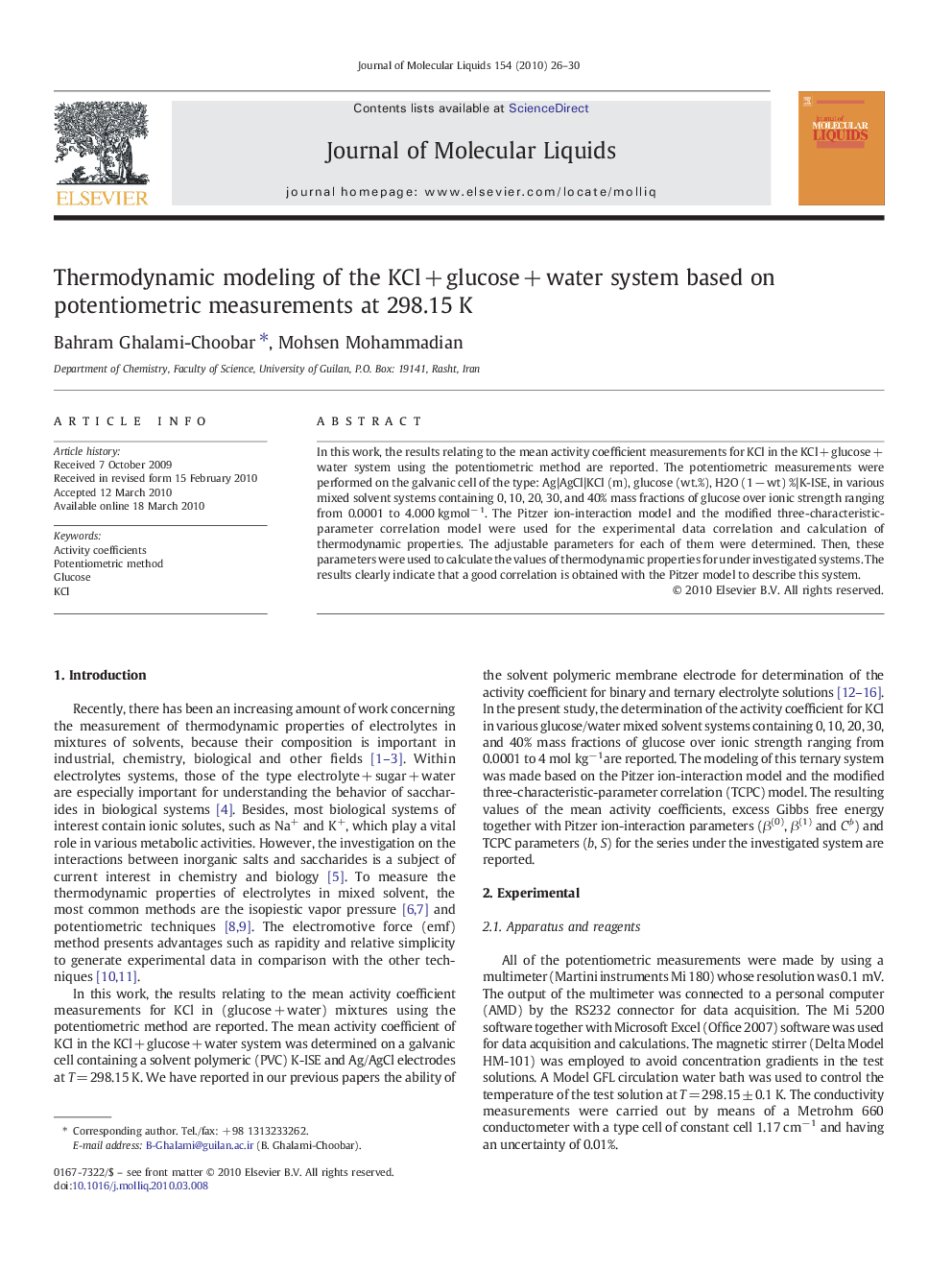 Thermodynamic modeling of the KClÂ +Â glucoseÂ +Â water system based on potentiometric measurements at 298.15Â K