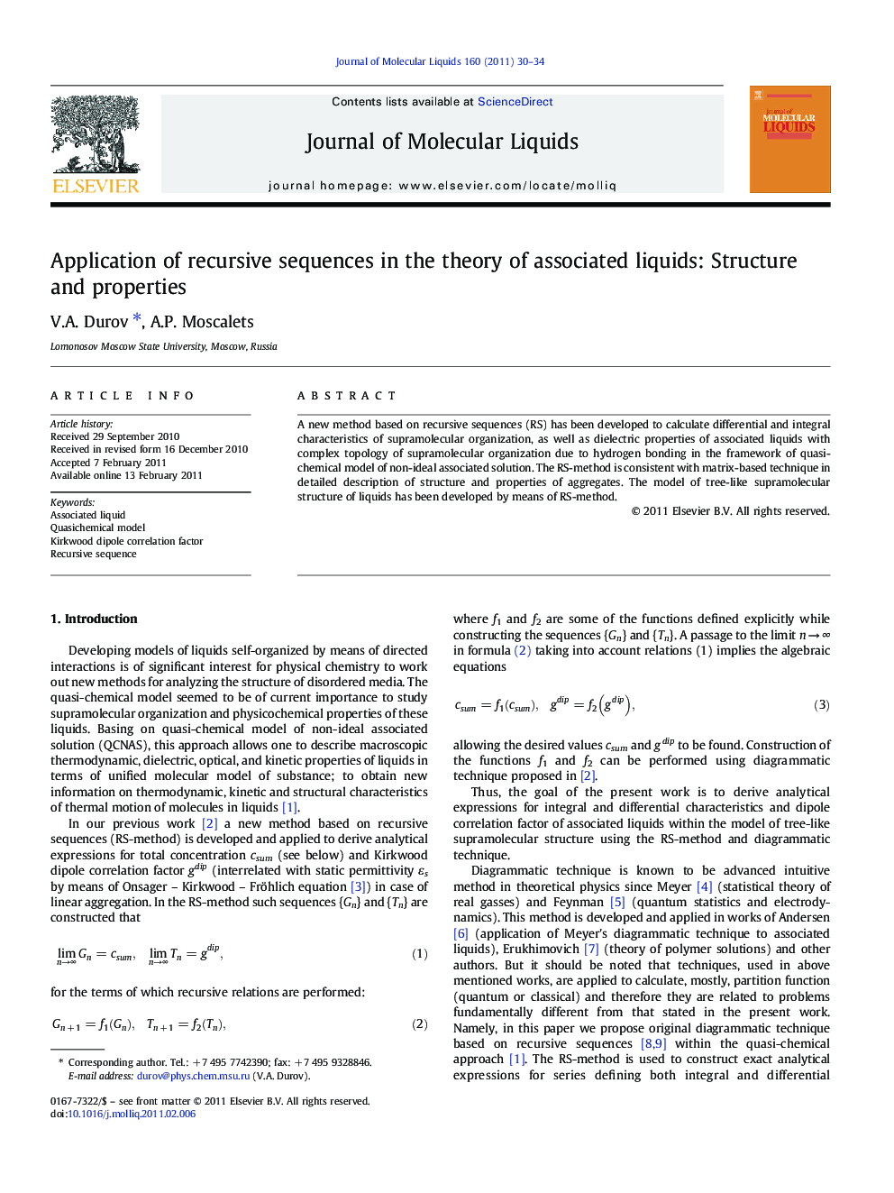 Application of recursive sequences in the theory of associated liquids: Structure and properties