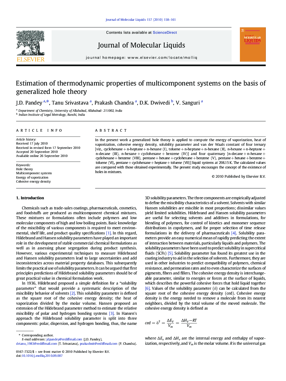 Estimation of thermodynamic properties of multicomponent systems on the basis of generalized hole theory