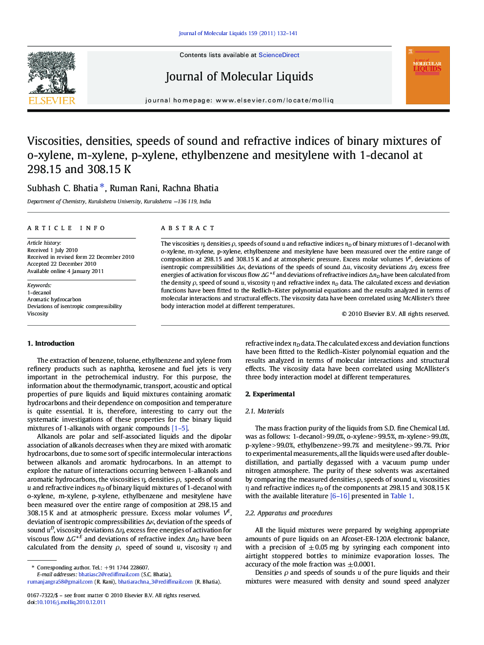 Viscosities, densities, speeds of sound and refractive indices of binary mixtures of o-xylene, m-xylene, p-xylene, ethylbenzene and mesitylene with 1-decanol at 298.15 and 308.15Â K