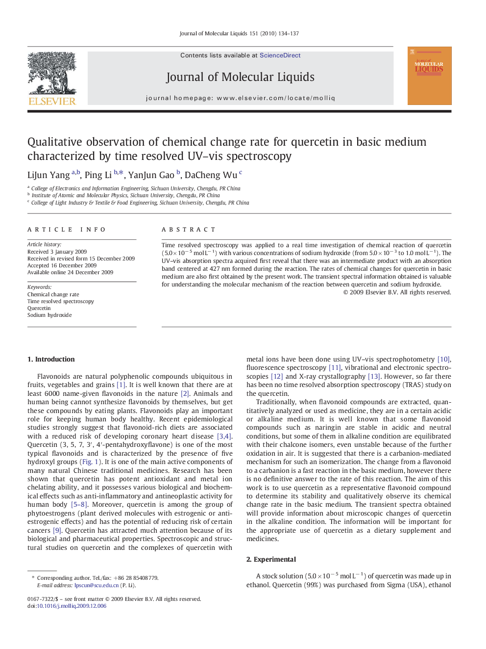 Qualitative observation of chemical change rate for quercetin in basic medium characterized by time resolved UV-vis spectroscopy