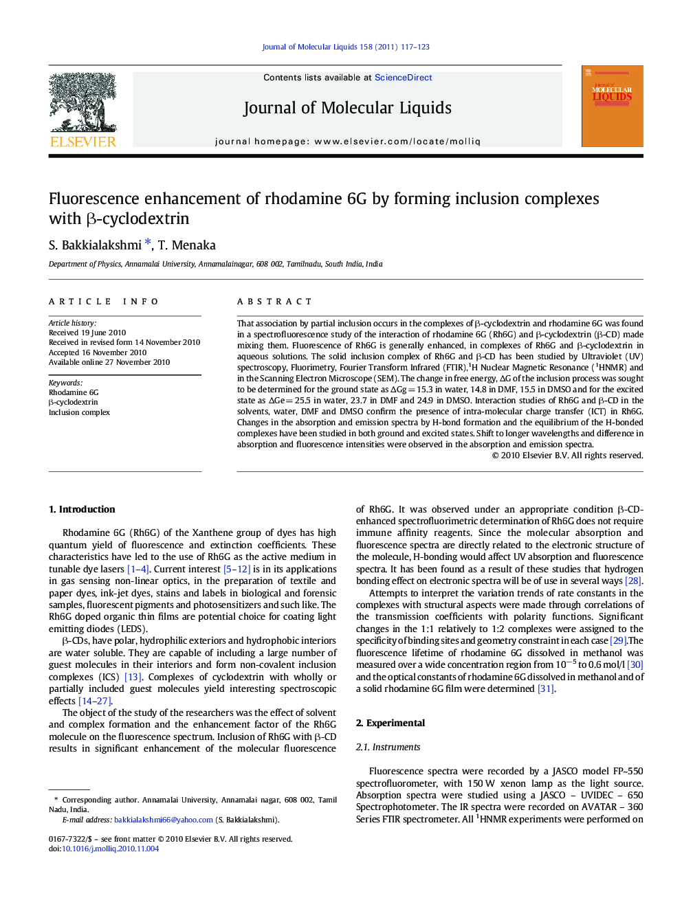 Fluorescence enhancement of rhodamine 6G by forming inclusion complexes with Î²-cyclodextrin