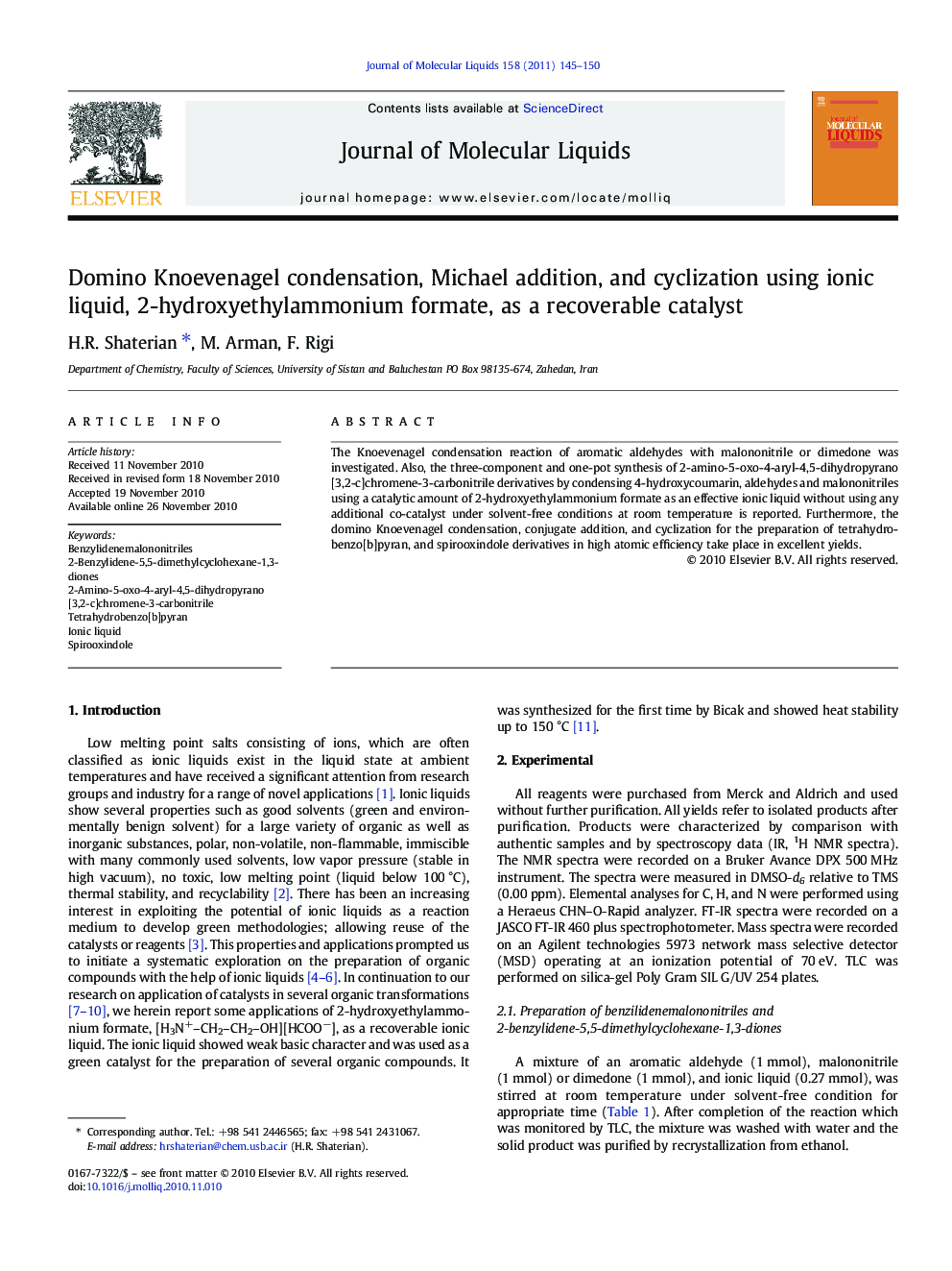 Domino Knoevenagel condensation, Michael addition, and cyclization using ionic liquid, 2-hydroxyethylammonium formate, as a recoverable catalyst