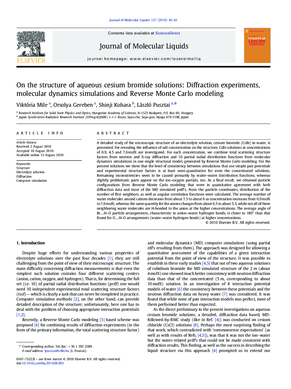 On the structure of aqueous cesium bromide solutions: Diffraction experiments, molecular dynamics simulations and Reverse Monte Carlo modeling