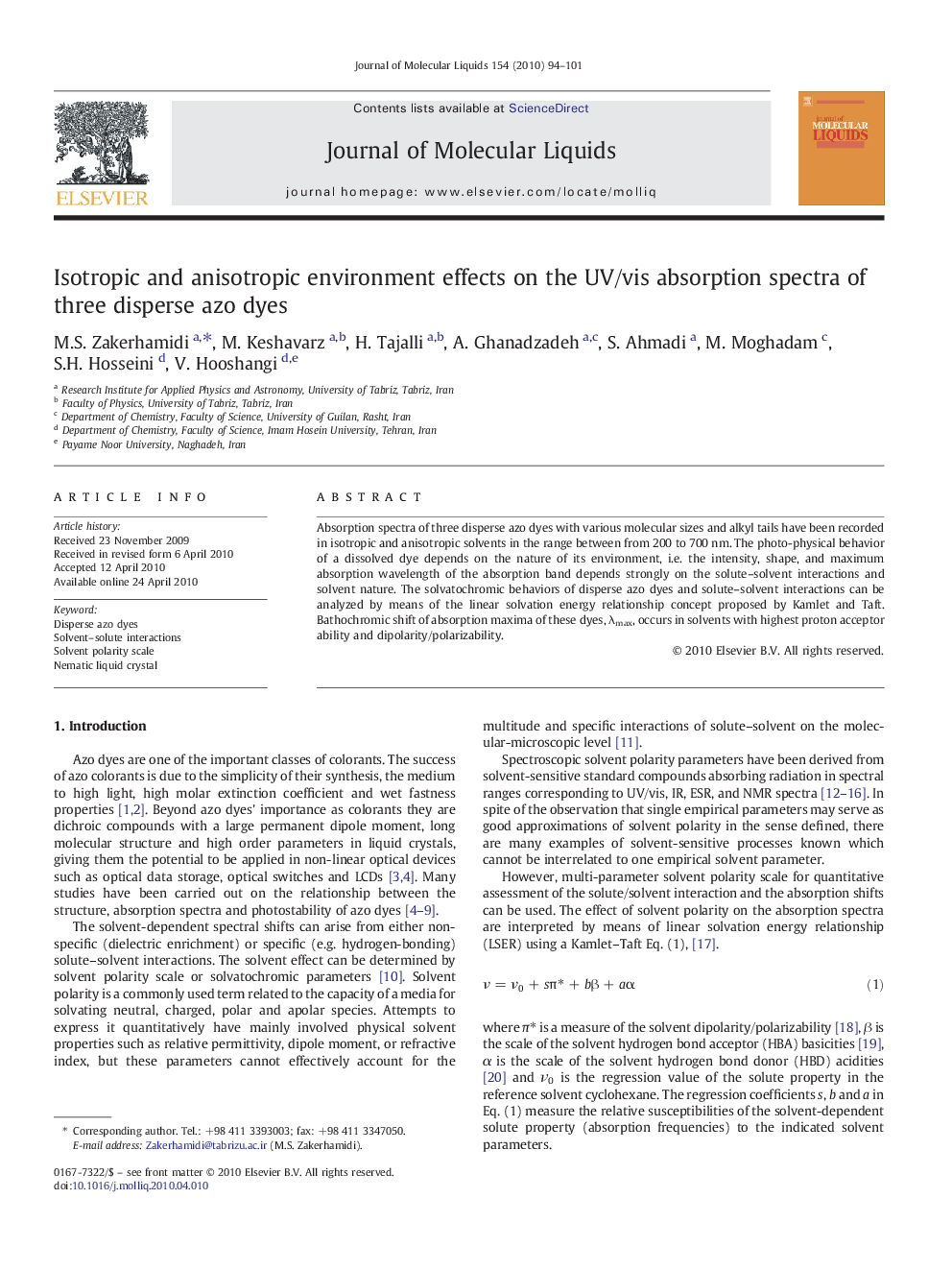 Isotropic and anisotropic environment effects on the UV/vis absorption spectra of three disperse azo dyes