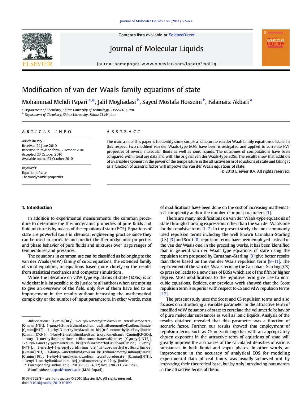 Modification of van der Waals family equations of state