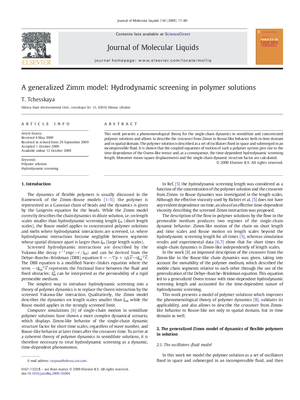 A generalized Zimm model: Hydrodynamic screening in polymer solutions