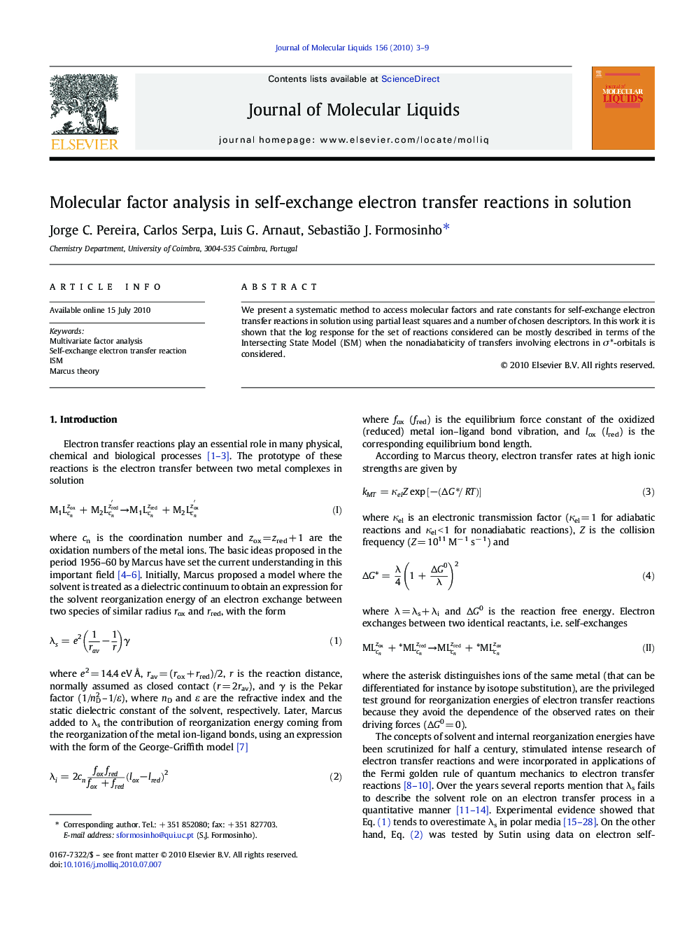 Molecular factor analysis in self-exchange electron transfer reactions in solution