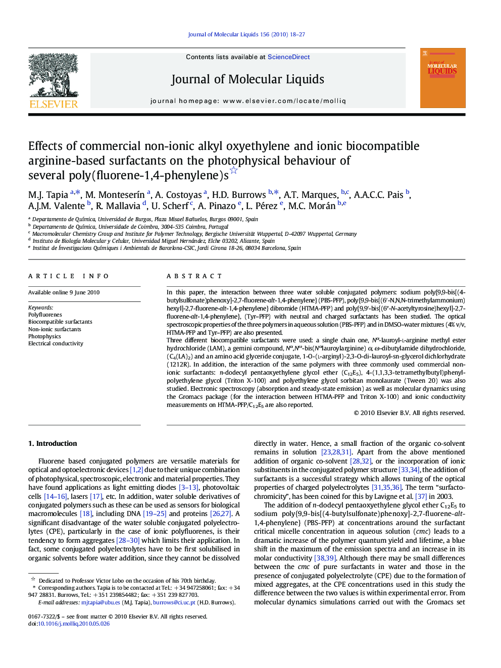 Effects of commercial non-ionic alkyl oxyethylene and ionic biocompatible arginine-based surfactants on the photophysical behaviour of several poly(fluorene-1,4-phenylene)s