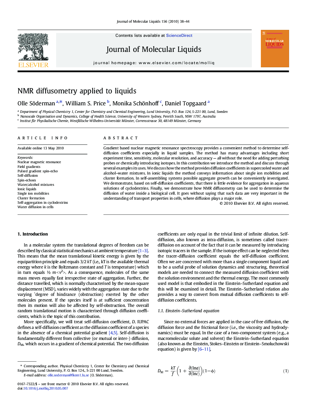 NMR diffusometry applied to liquids