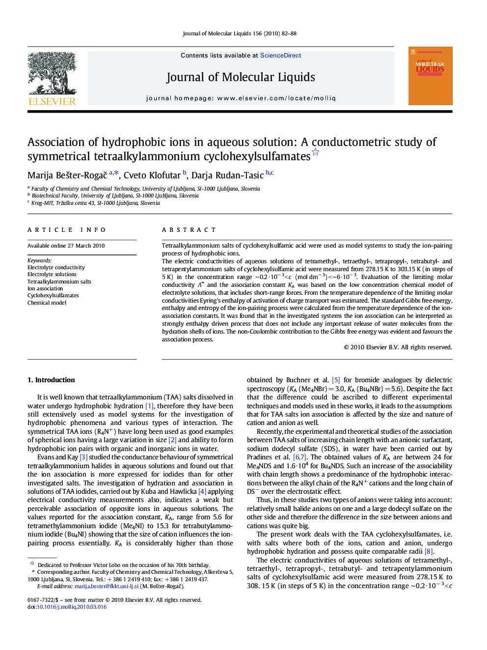 Association of hydrophobic ions in aqueous solution: A conductometric study of symmetrical tetraalkylammonium cyclohexylsulfamates