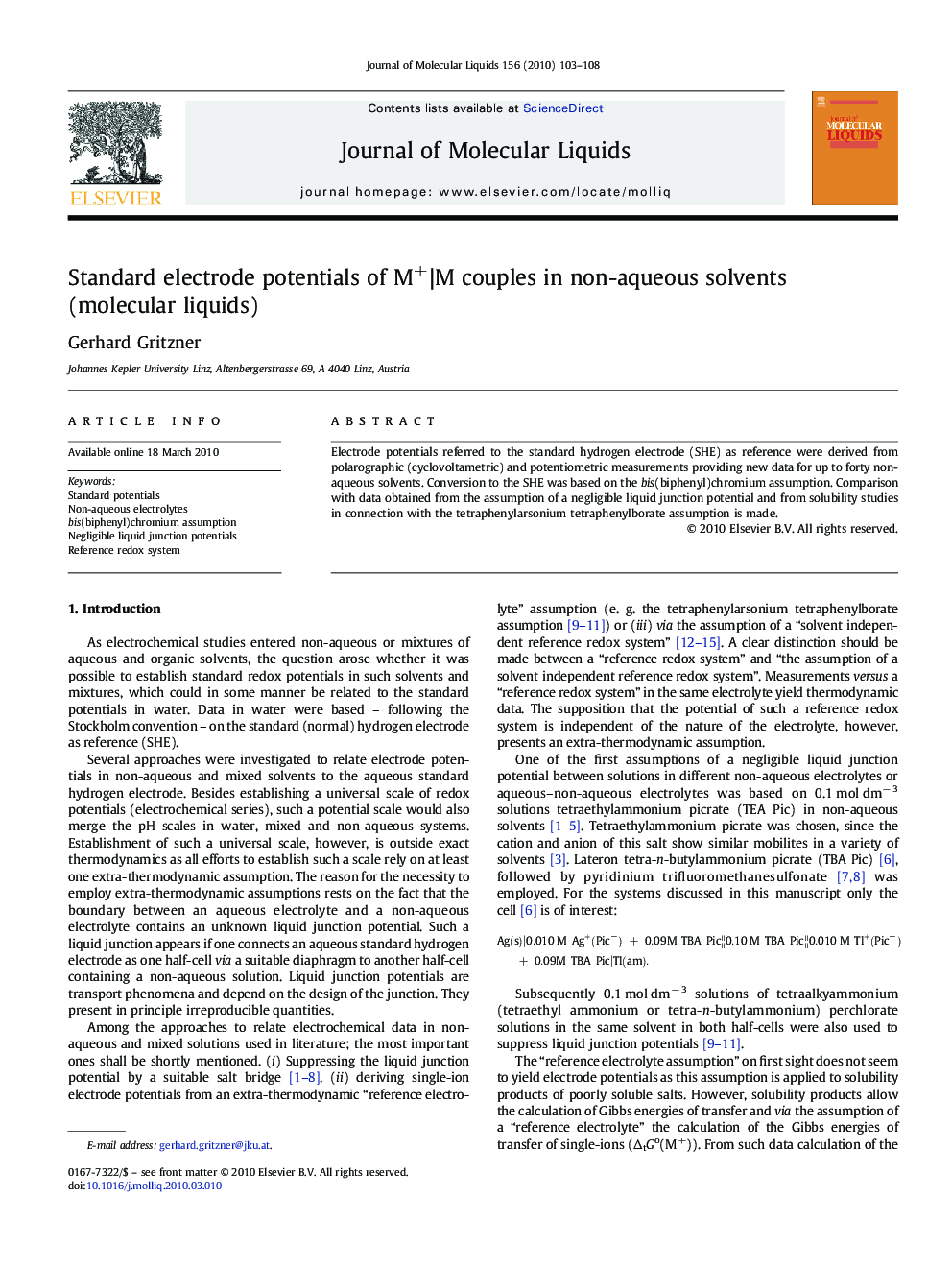 Standard electrode potentials of M+|M couples in non-aqueous solvents (molecular liquids)