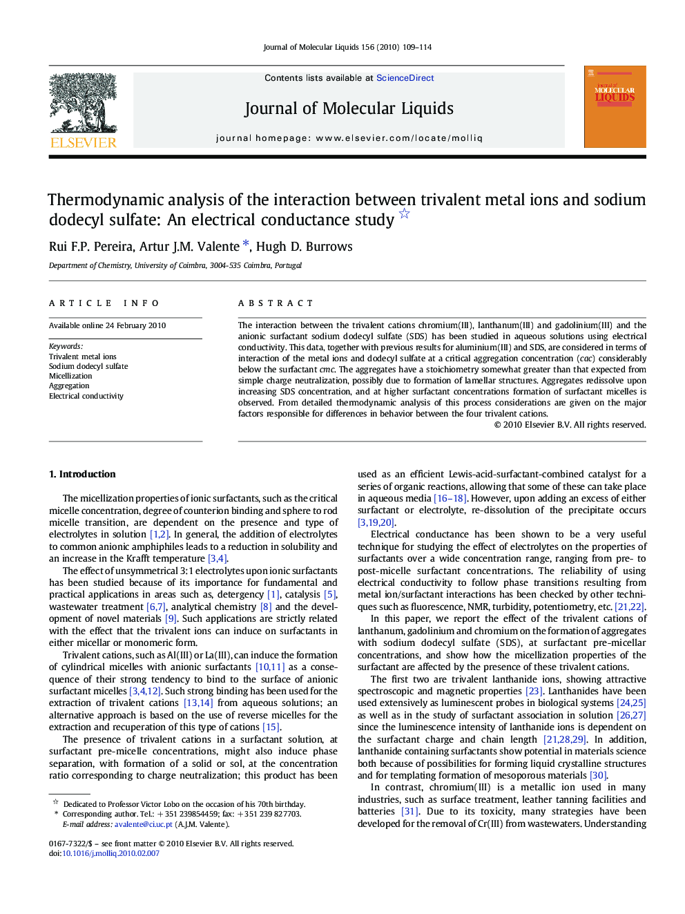 Thermodynamic analysis of the interaction between trivalent metal ions and sodium dodecyl sulfate: An electrical conductance study