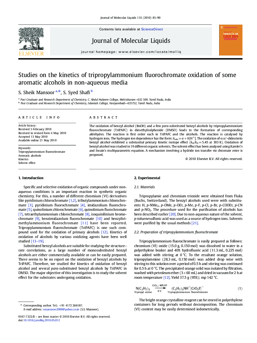 Studies on the kinetics of tripropylammonium fluorochromate oxidation of some aromatic alcohols in non-aqueous media