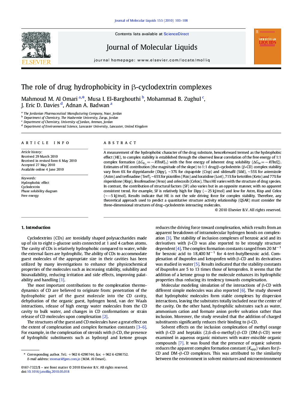 The role of drug hydrophobicity in Î²-cyclodextrin complexes