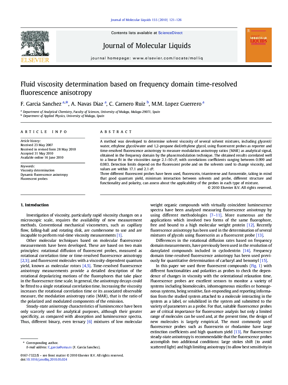 Fluid viscosity determination based on frequency domain time-resolved fluorescence anisotropy