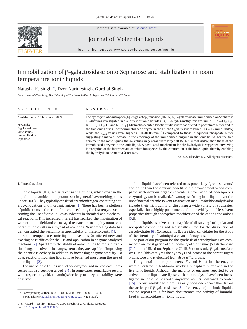 Immobilization of Î²-galactosidase onto Sepharose and stabilization in room temperature ionic liquids