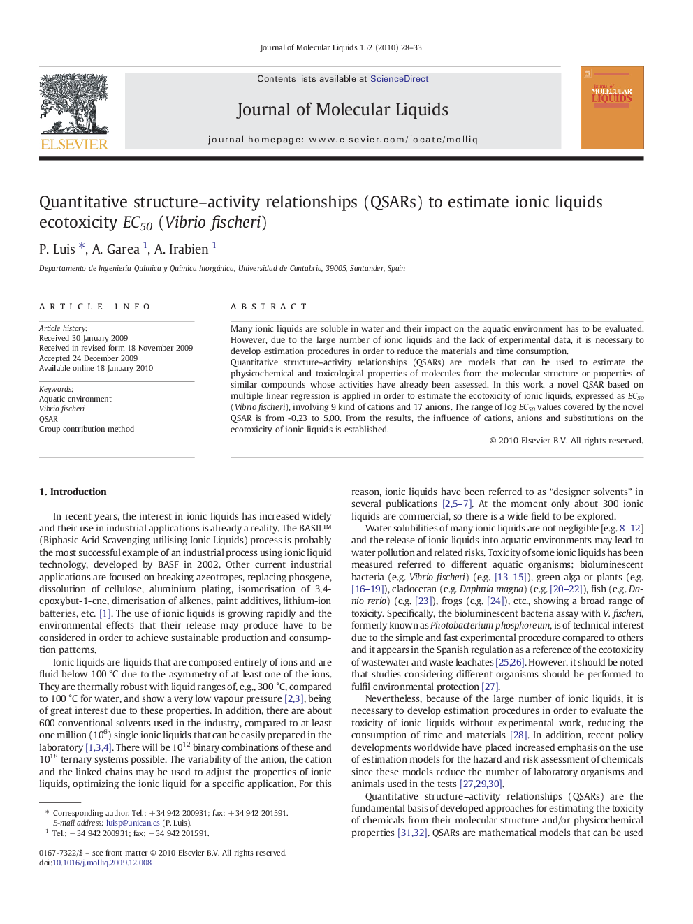 Quantitative structure-activity relationships (QSARs) to estimate ionic liquids ecotoxicity EC50 (Vibrio fischeri)