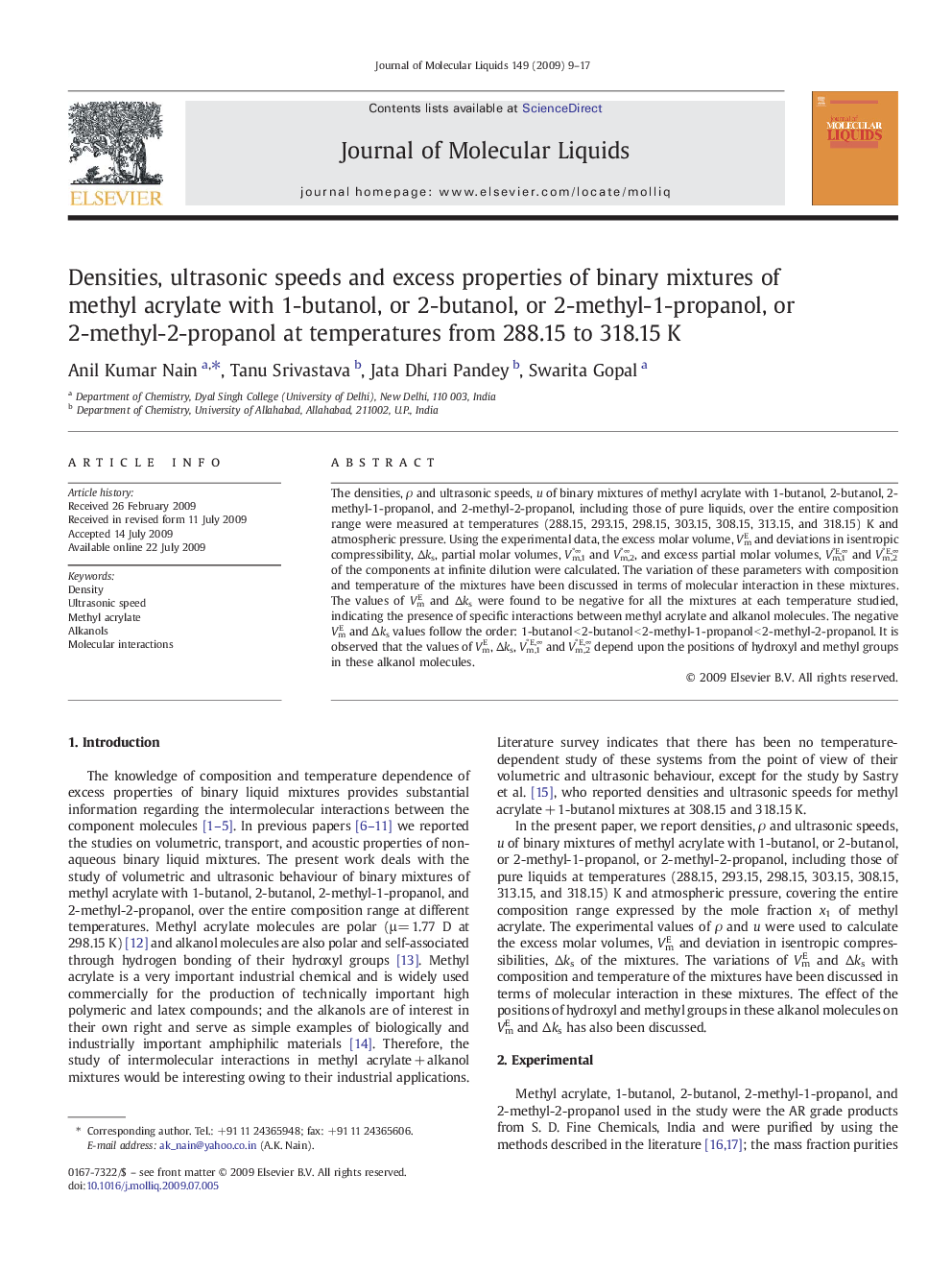 Densities, ultrasonic speeds and excess properties of binary mixtures of methyl acrylate with 1-butanol, or 2-butanol, or 2-methyl-1-propanol, or 2-methyl-2-propanol at temperatures from 288.15 to 318.15Â K