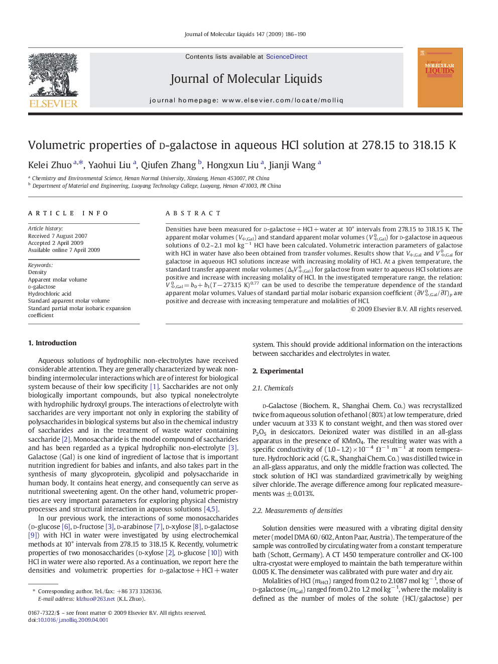 Volumetric properties of d-galactose in aqueous HCl solution at 278.15 to 318.15Â K