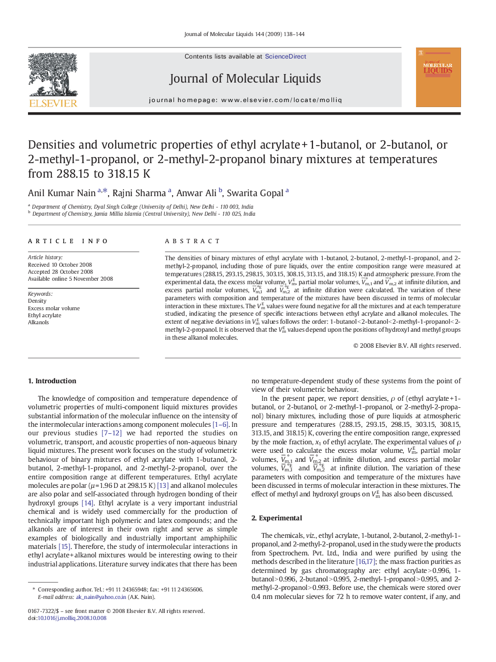 Densities and volumetric properties of ethyl acrylateÂ +Â 1-butanol, or 2-butanol, or 2-methyl-1-propanol, or 2-methyl-2-propanol binary mixtures at temperatures from 288.15 to 318.15Â K