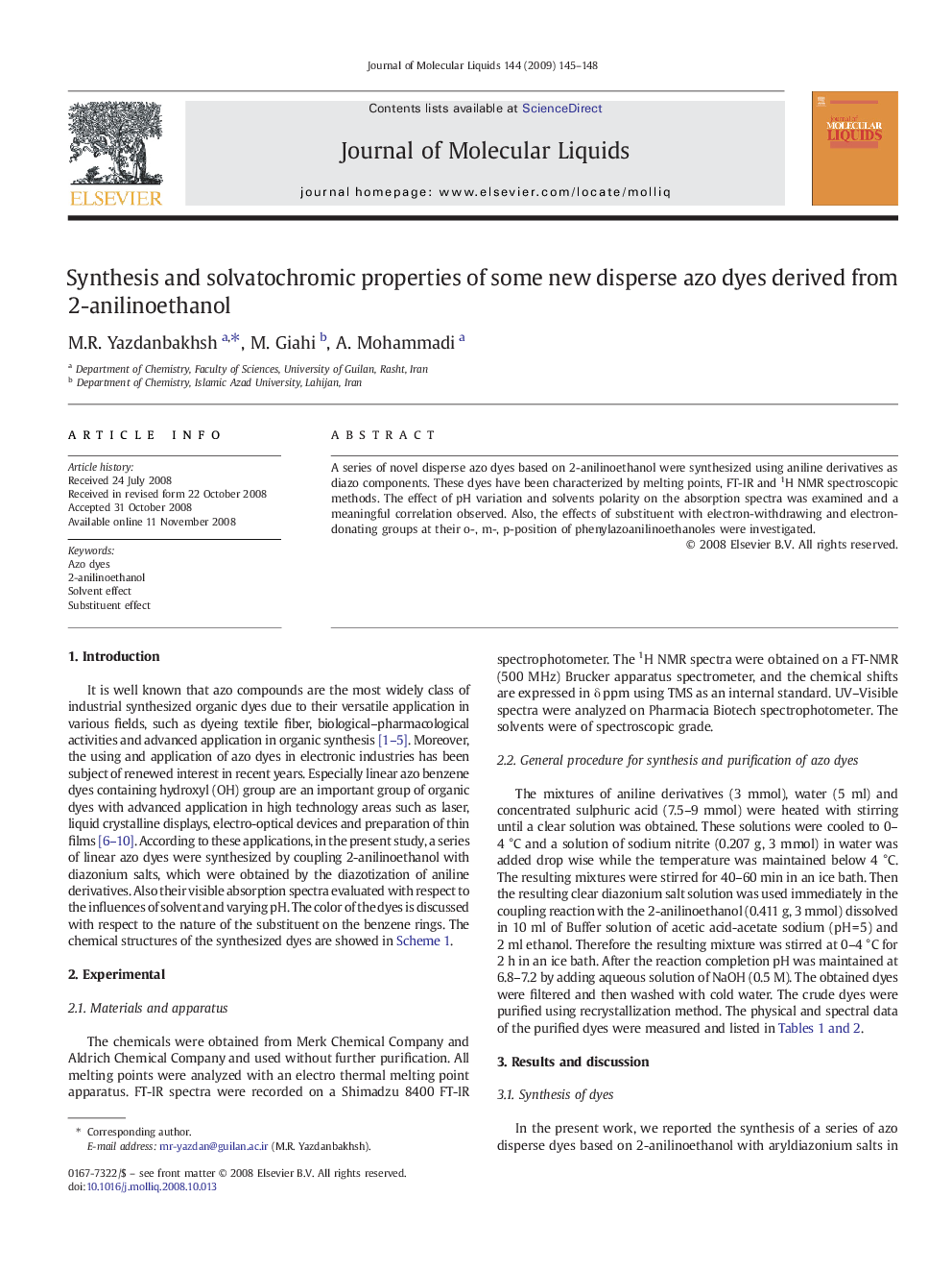 Synthesis and solvatochromic properties of some new disperse azo dyes derived from 2-anilinoethanol