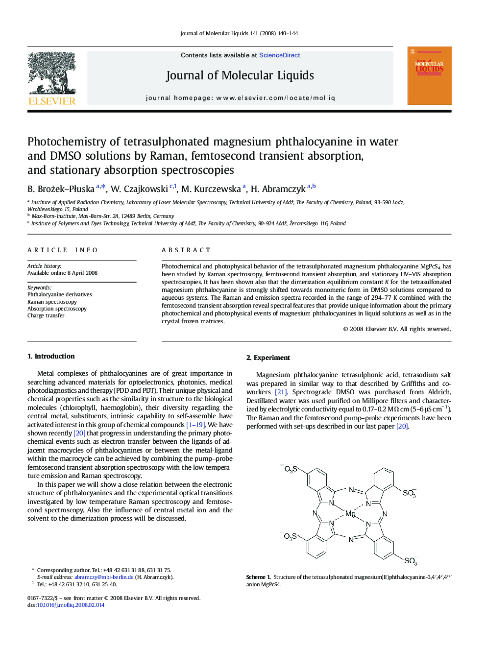 Photochemistry of tetrasulphonated magnesium phthalocyanine in water and DMSO solutions by Raman, femtosecond transient absorption, and stationary absorption spectroscopies