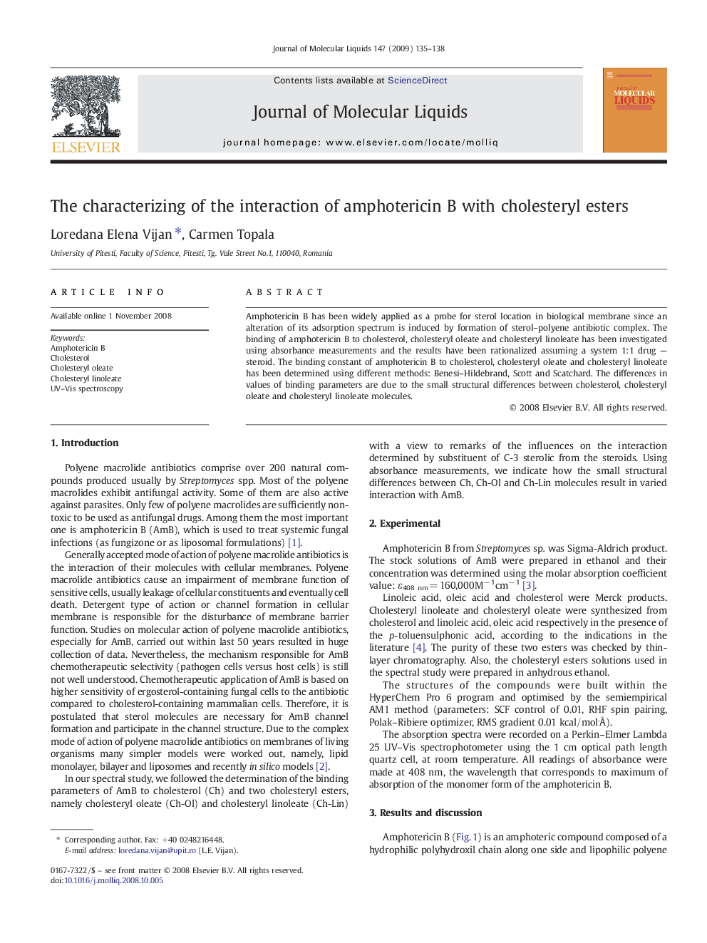 The characterizing of the interaction of amphotericin B with cholesteryl esters