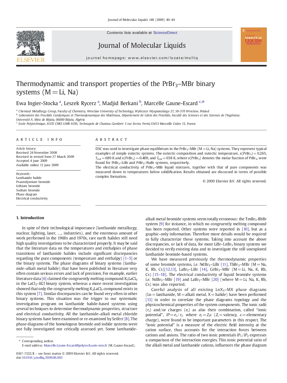 Thermodynamic and transport properties of the PrBr3-MBr binary systems (MÂ =Â Li, Na)