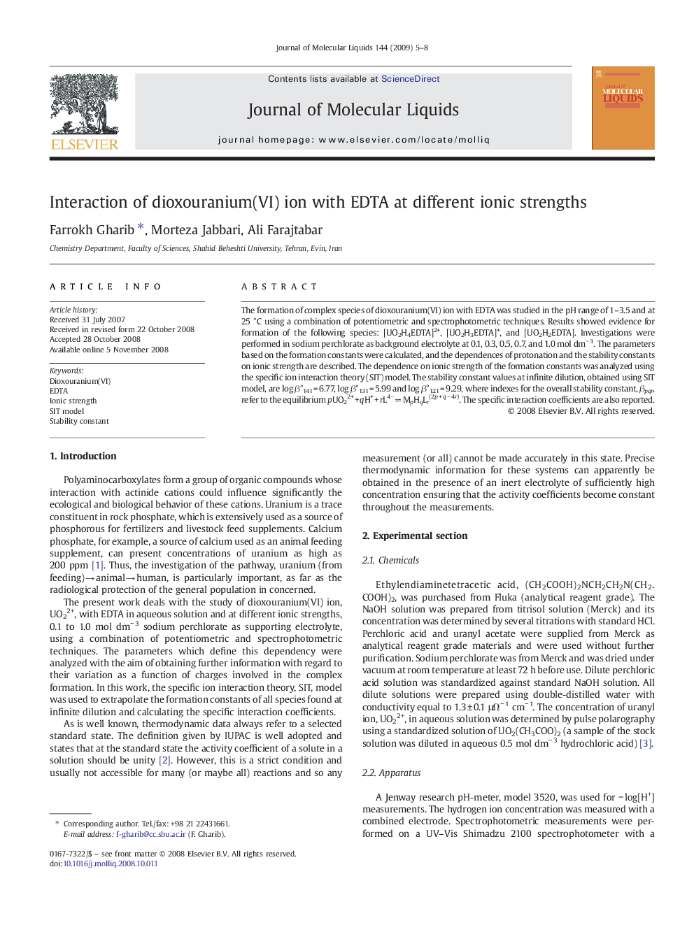 Interaction of dioxouranium(VI) ion with EDTA at different ionic strengths