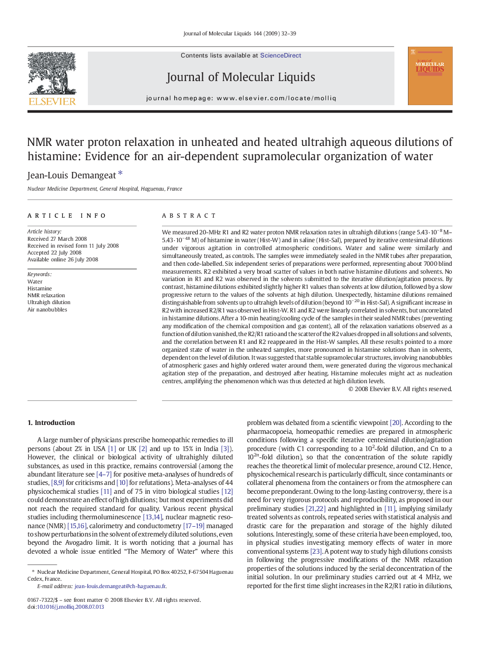 NMR water proton relaxation in unheated and heated ultrahigh aqueous dilutions of histamine: Evidence for an air-dependent supramolecular organization of water